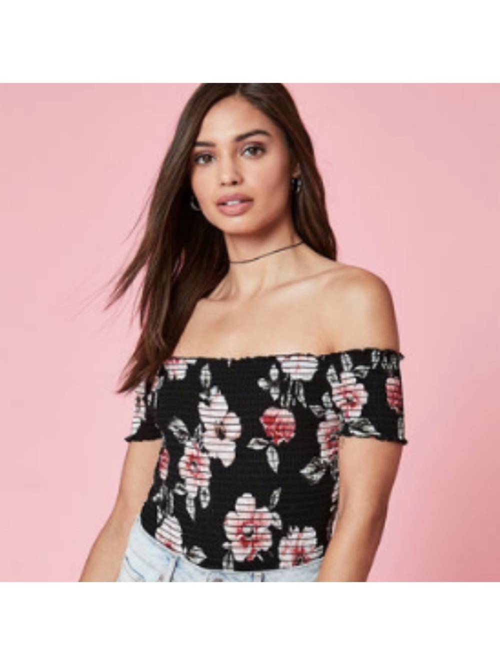 Kendall and Kylie Off-Shoulder Black Floral Smocked Top